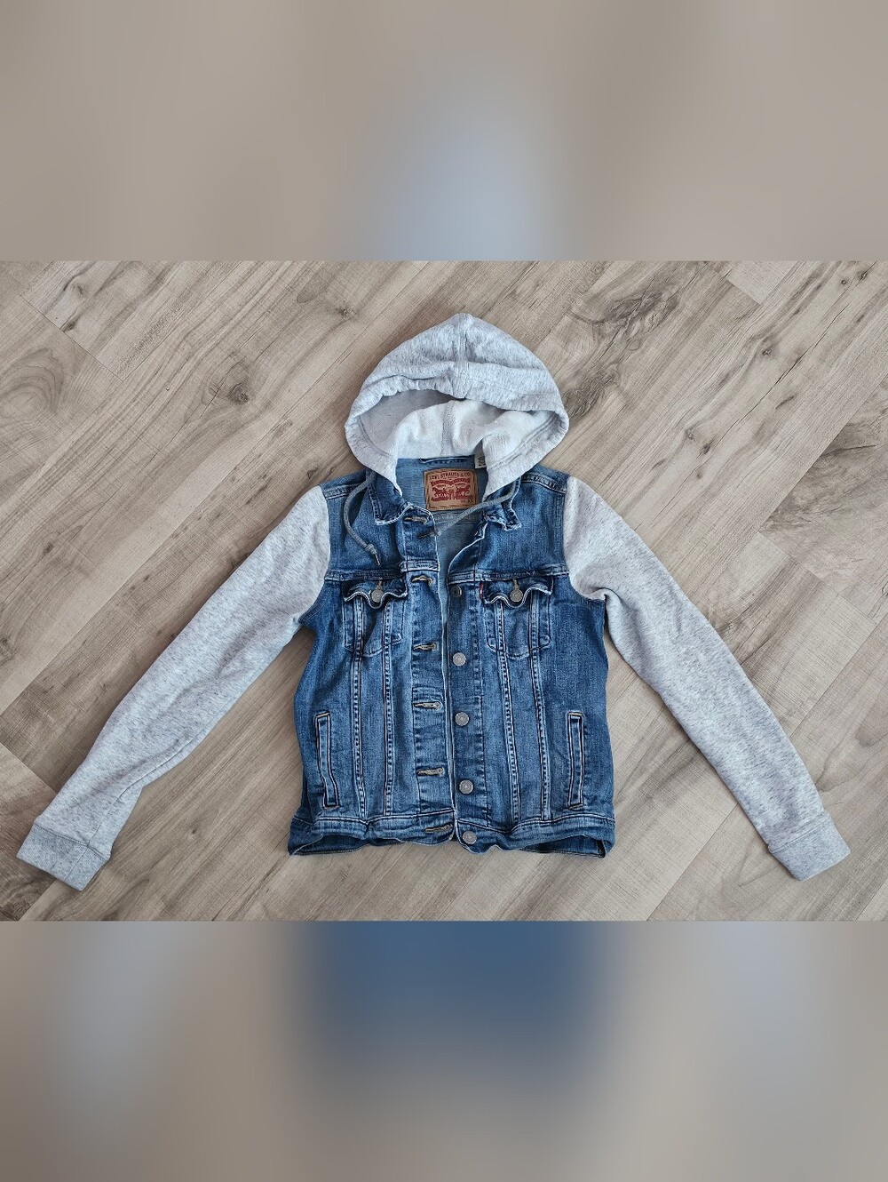 Levi's Blue Denim Women's Jacket with Light Gray Hoodie & Sleeves Size XS